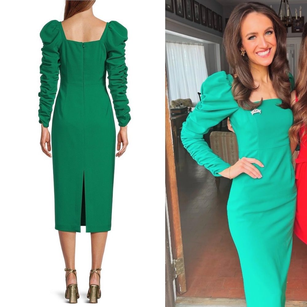 NWT Antonio Melani Elena Crepe Square Neck Long Ruched Sleeve Midi Dress Sz 6 - Picture 2 of 3